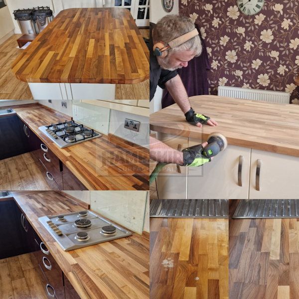 Sanding a wooden kitchen worktop