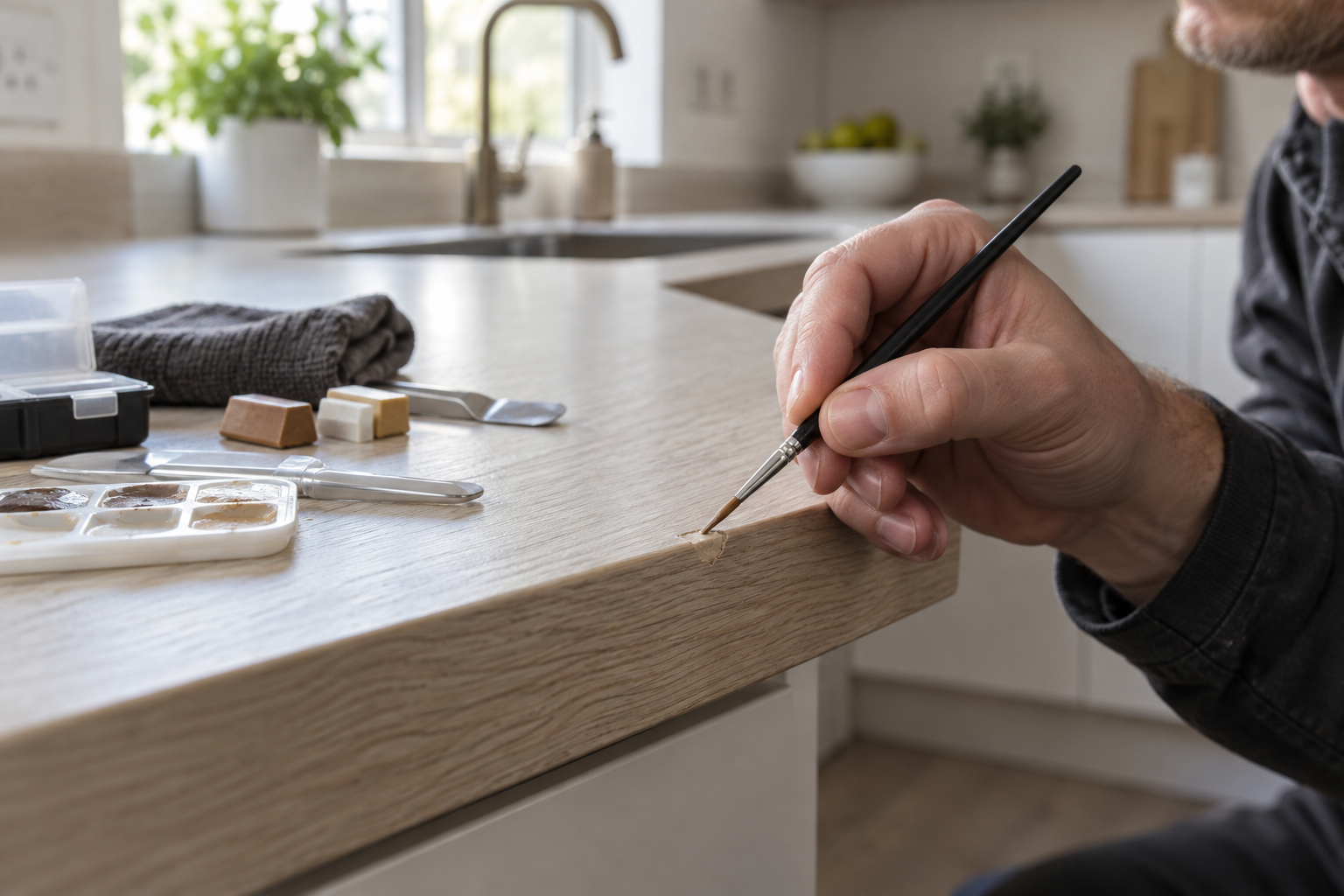Chip on a laminate kitchen worktop