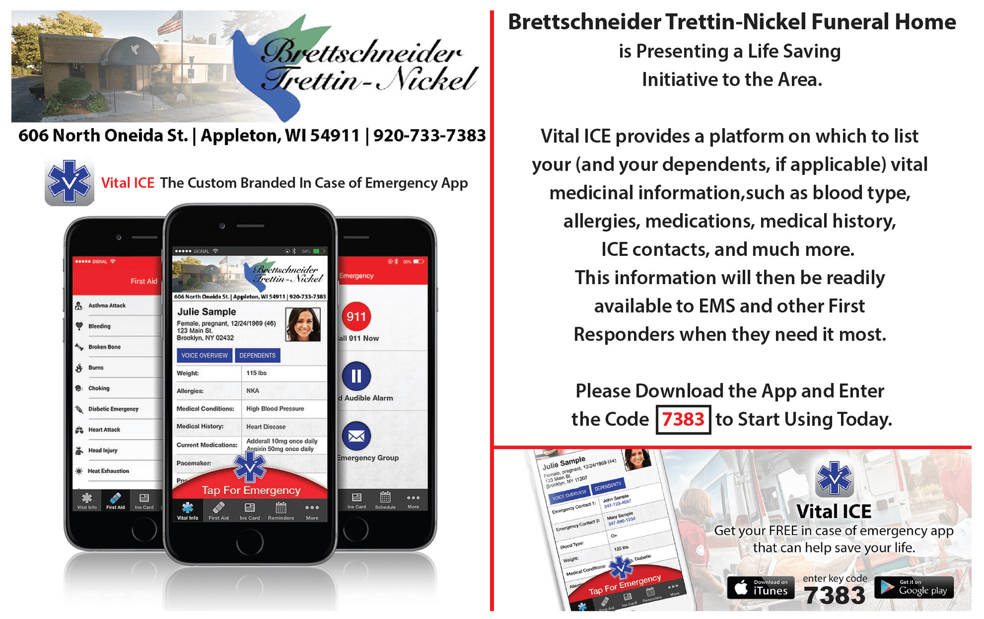Broadside showing app screenshots and text for Breitsschneider Tietz-Nickel funeral home services and contact info