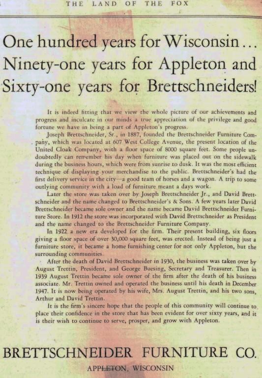 Black-and-white ad for Brettschneider Furniture Co. with anniversary text and small illustration.