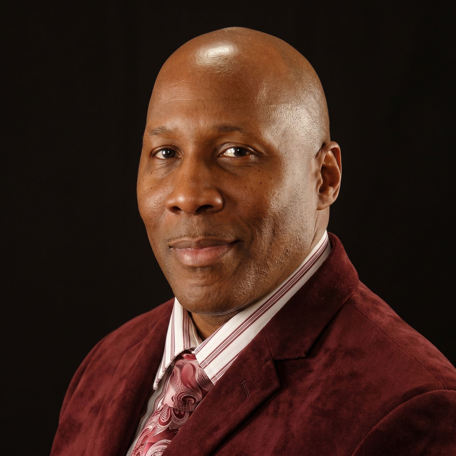Studio portrait of a man in a burgundy blazer and patterned tie against a black background