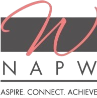 NAPW logo with pink script over gray bar and the tagline “Aspire. Connect. Achieve.”