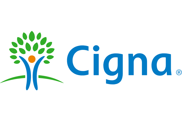 Cigna logo with green tree figure and blue wordmark on white background