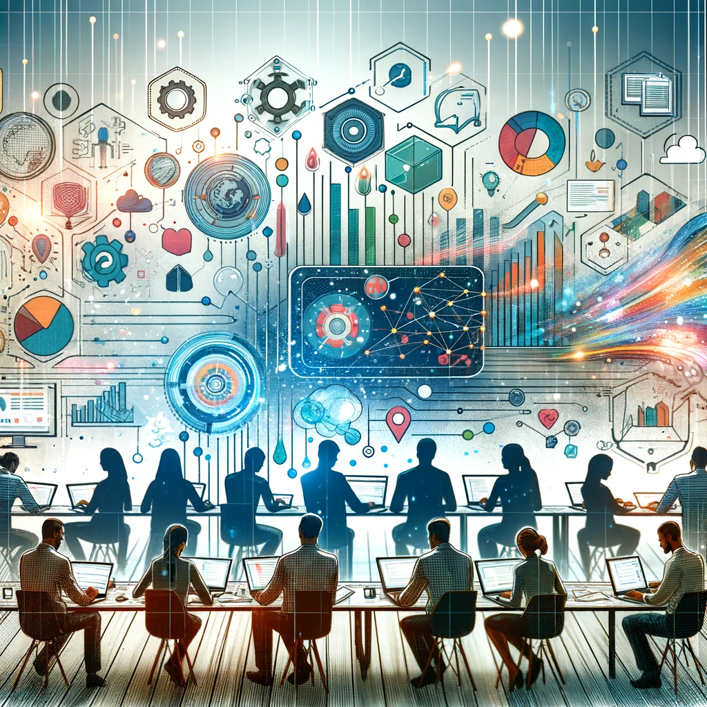 a group of people are sitting at tables with laptops in front of a large screen .
