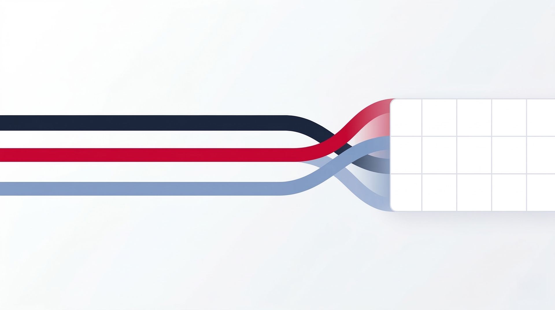 Three colored flow lines merging into unified spreadsheet grid on white background