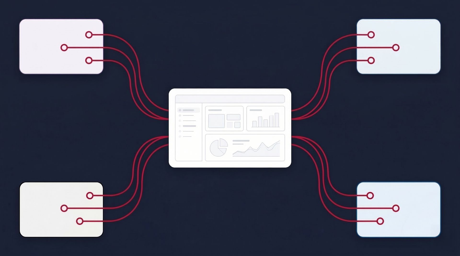 Rounded connector cards flowing toward central Looker Studio hub on navy background