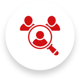Red figures with a magnifying glass over one; representing candidate search.