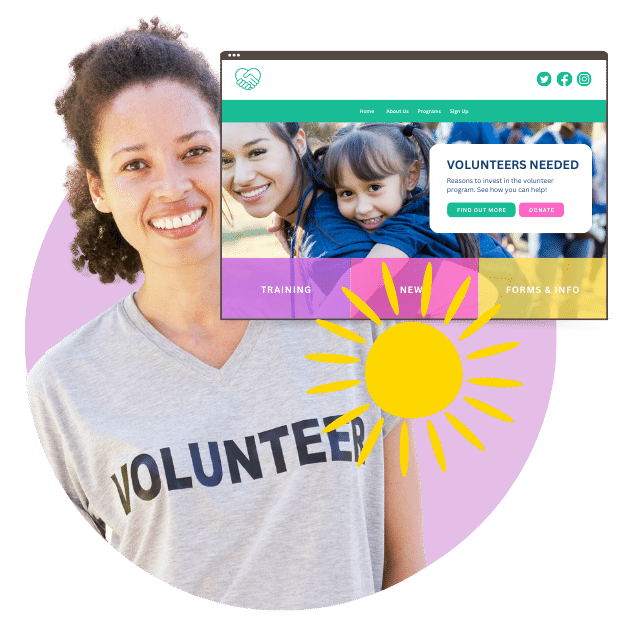 A woman wearing a volunteer shirt stands in front of a computer screen