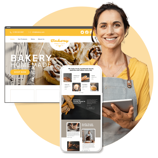 A woman is holding a tablet and a cell phone in front of a bakery website
