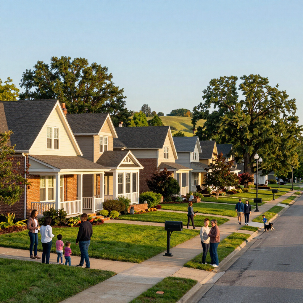 Suburban street with row houses, green lawns, and neighbors chatting on sidewalks in evening light