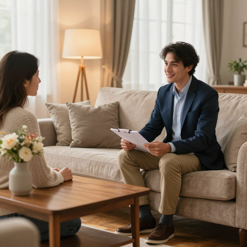 Two people talking on a sofa in a cozy living room, with a coffee table and lamp nearby