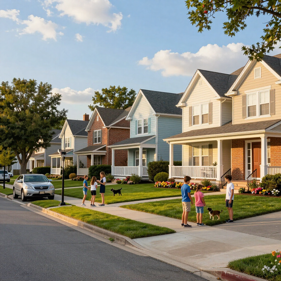 Quiet suburban street with pastel houses, children playing on lawns, and a parked car at sunset