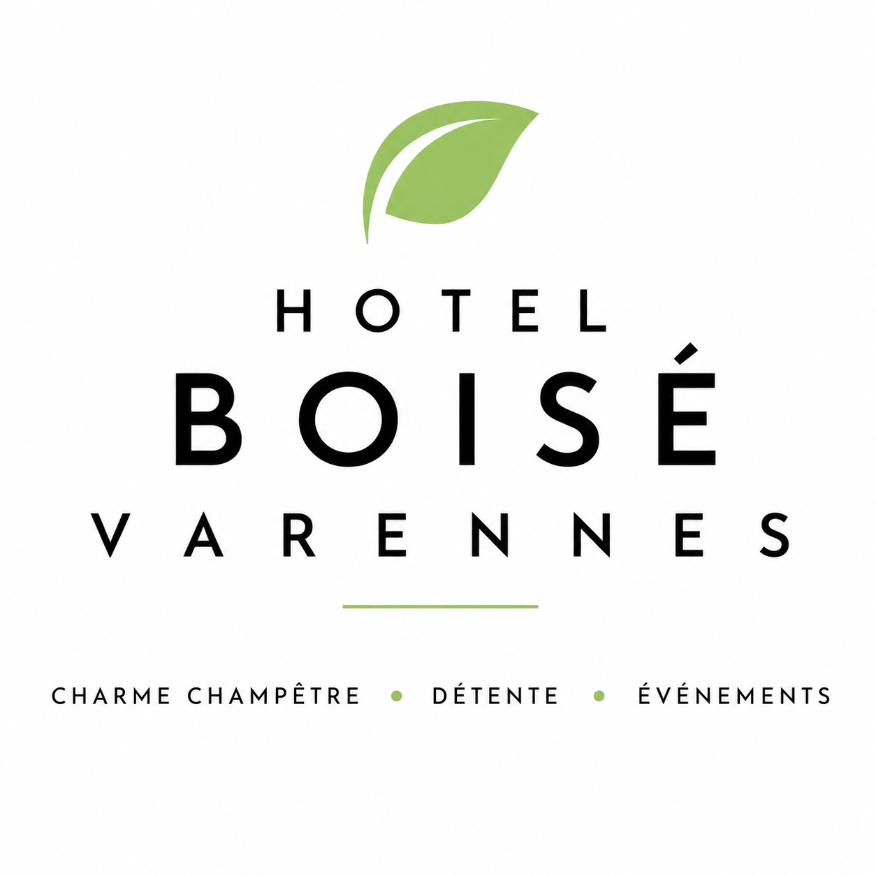 Logo de l'Hôtel Varennes, comprenant du texte et un motif de feuille verte. L'établissement propose des services de conférence, de spa et de cabanes.