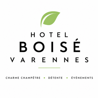 Logo pour l'Hôtel Varennes, éco-hôtel : texte avec un symbole de feuille verte.
