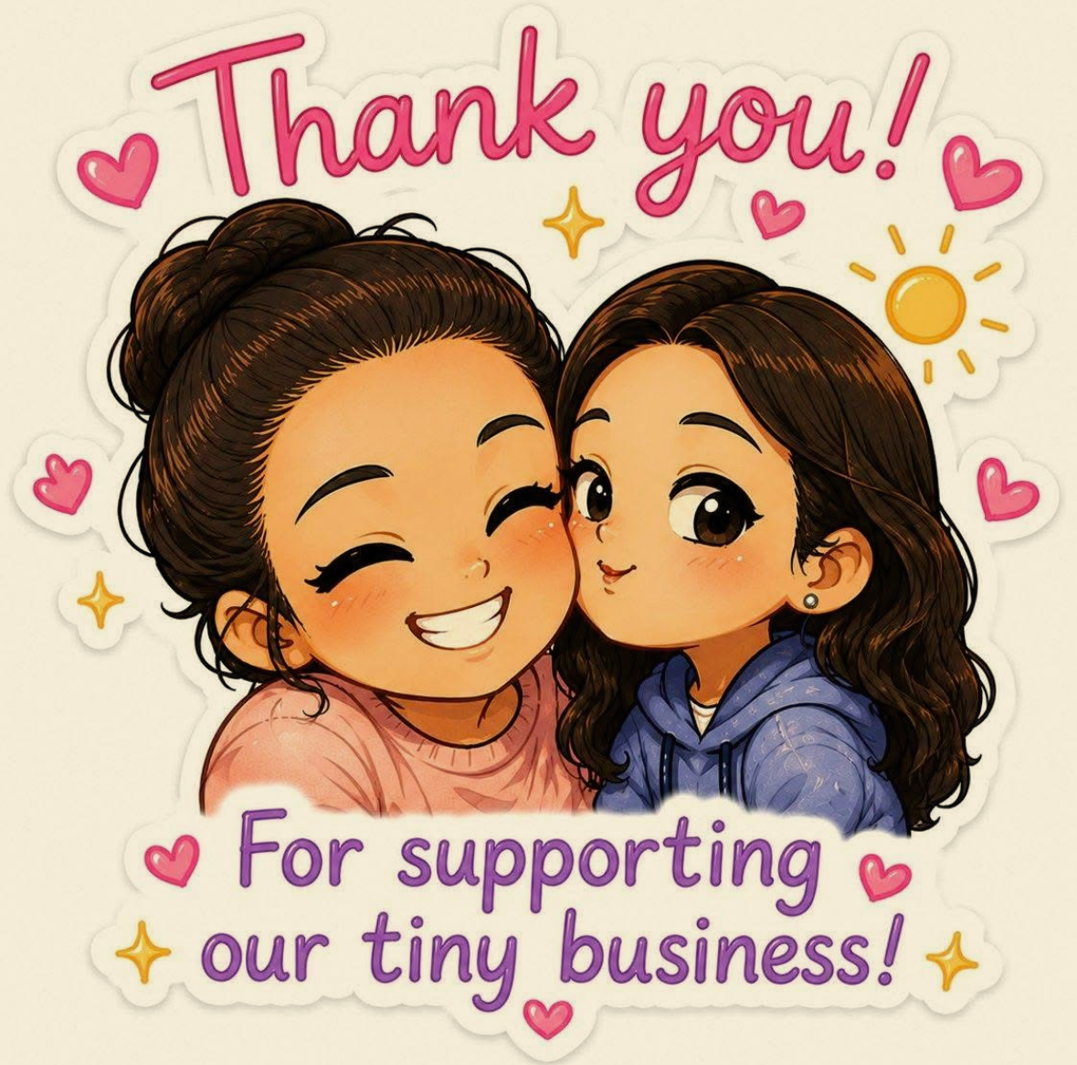 Thank-you card with two smiling cartoon characters and the message “For supporting our tiny business!”