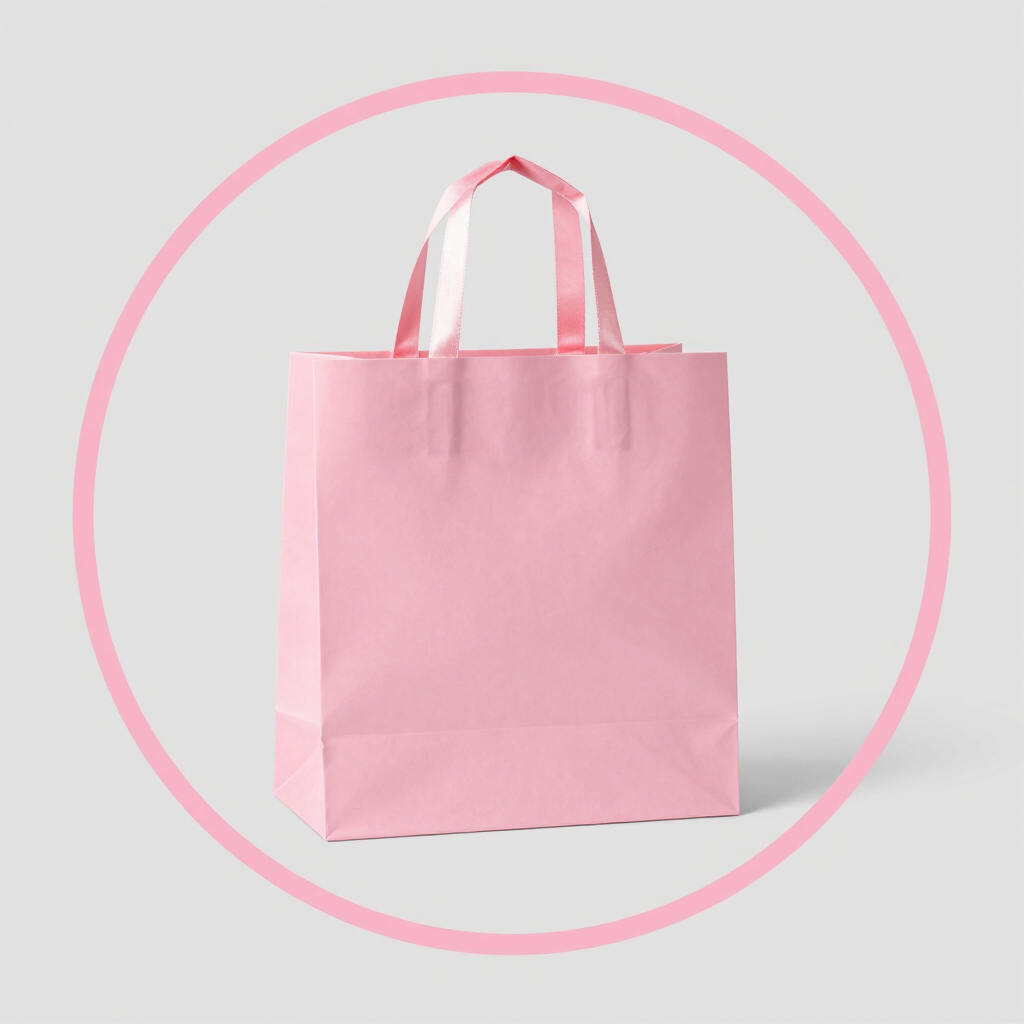 Pink paper shopping bag with handles, centered inside a pale pink circle.
