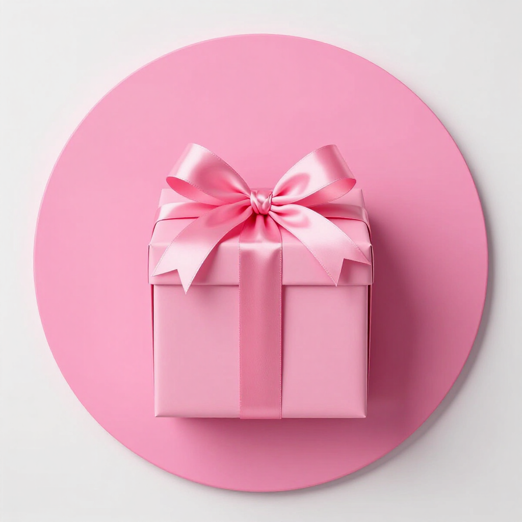 Pink gift box with a satin bow on a round pink background
