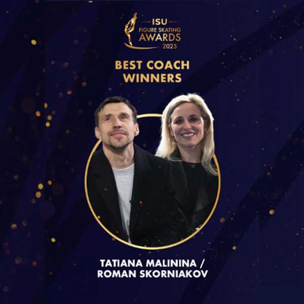 ISU Skating Awards 2023 graphic of Best Coach winners Tatiana Malinina and Roman Skorniakov on a dark blue background