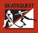 SkateQuest logo with two stylized skaters on a red, black, and white background