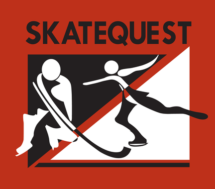 SkateQuest logo with two stylized skaters on a red, black, and white background
