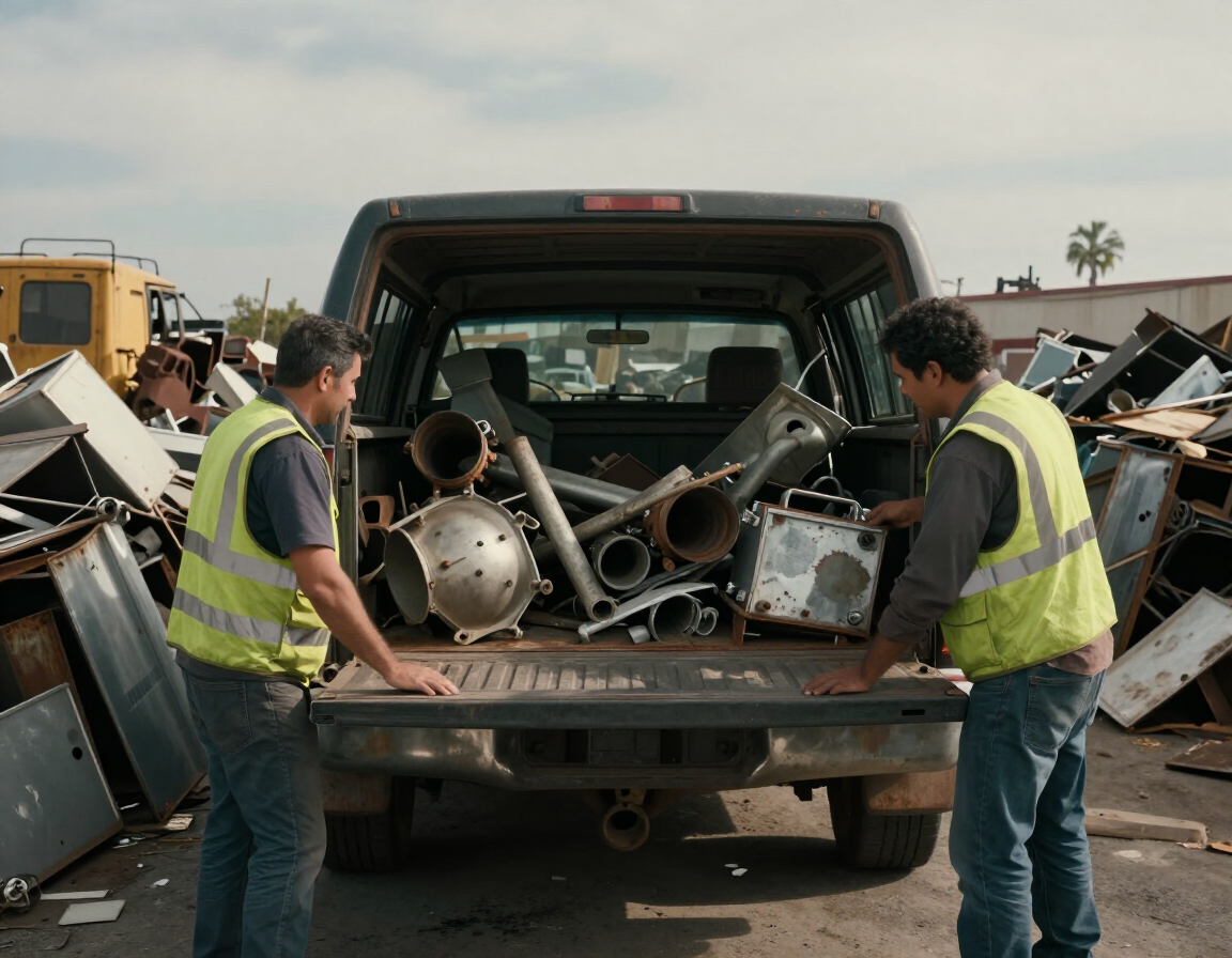 Recycling center staff helping unload recyclable material