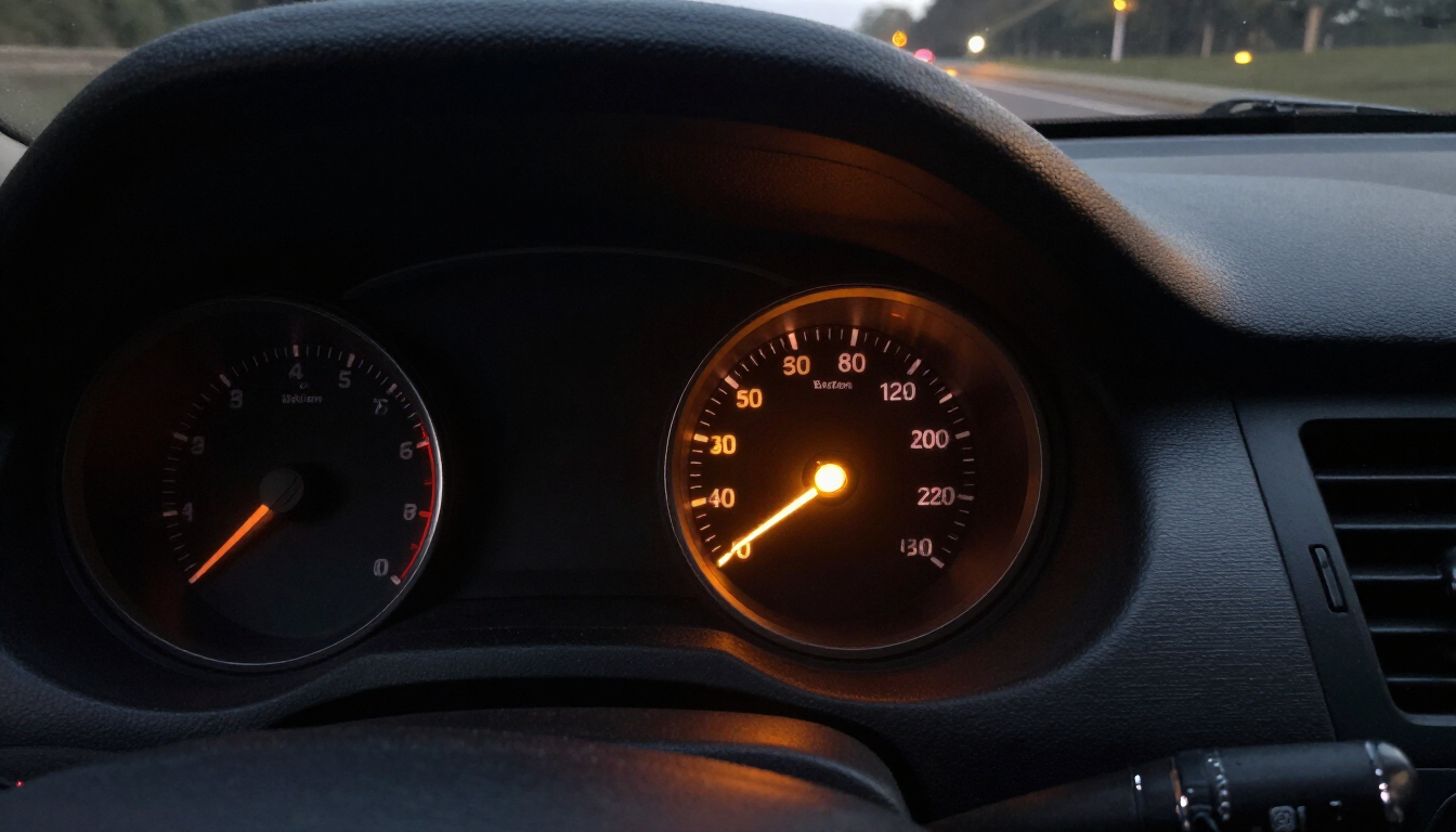 Close up of a flashing amber check engine light on a car dashboard.