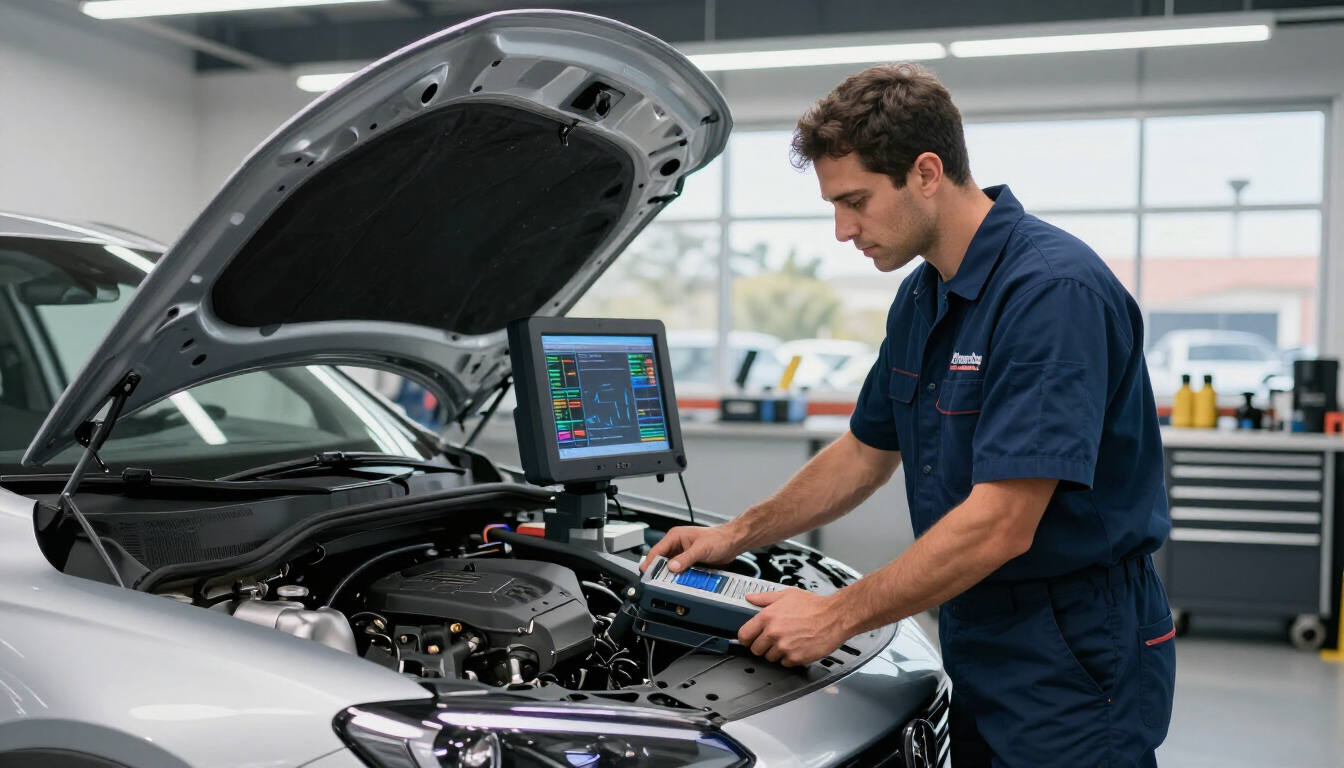 Professional mechanic inspecting engine