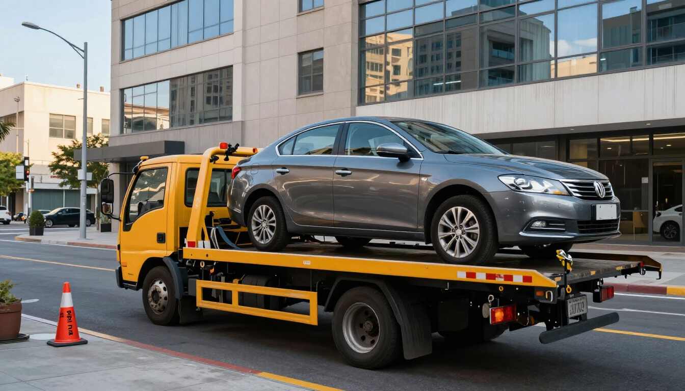 Car being loaded onto a tow truck
