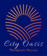 City Oasis Therapeutic Massage logo with orange sunburst and wave lines on a blue background