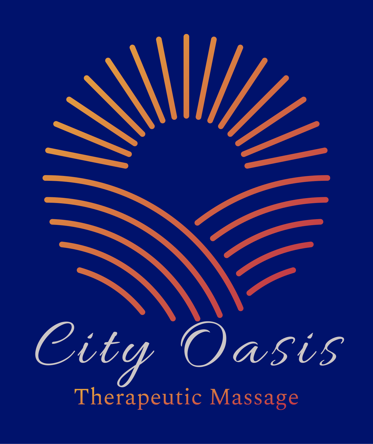 City Oasis Therapeutic Massage logo with orange sunburst and wave lines on a blue background