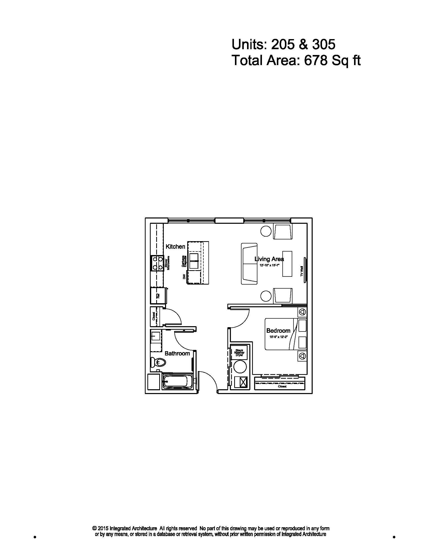 Black-and-white floor plan of a small apartment with labeled rooms and dimensions.