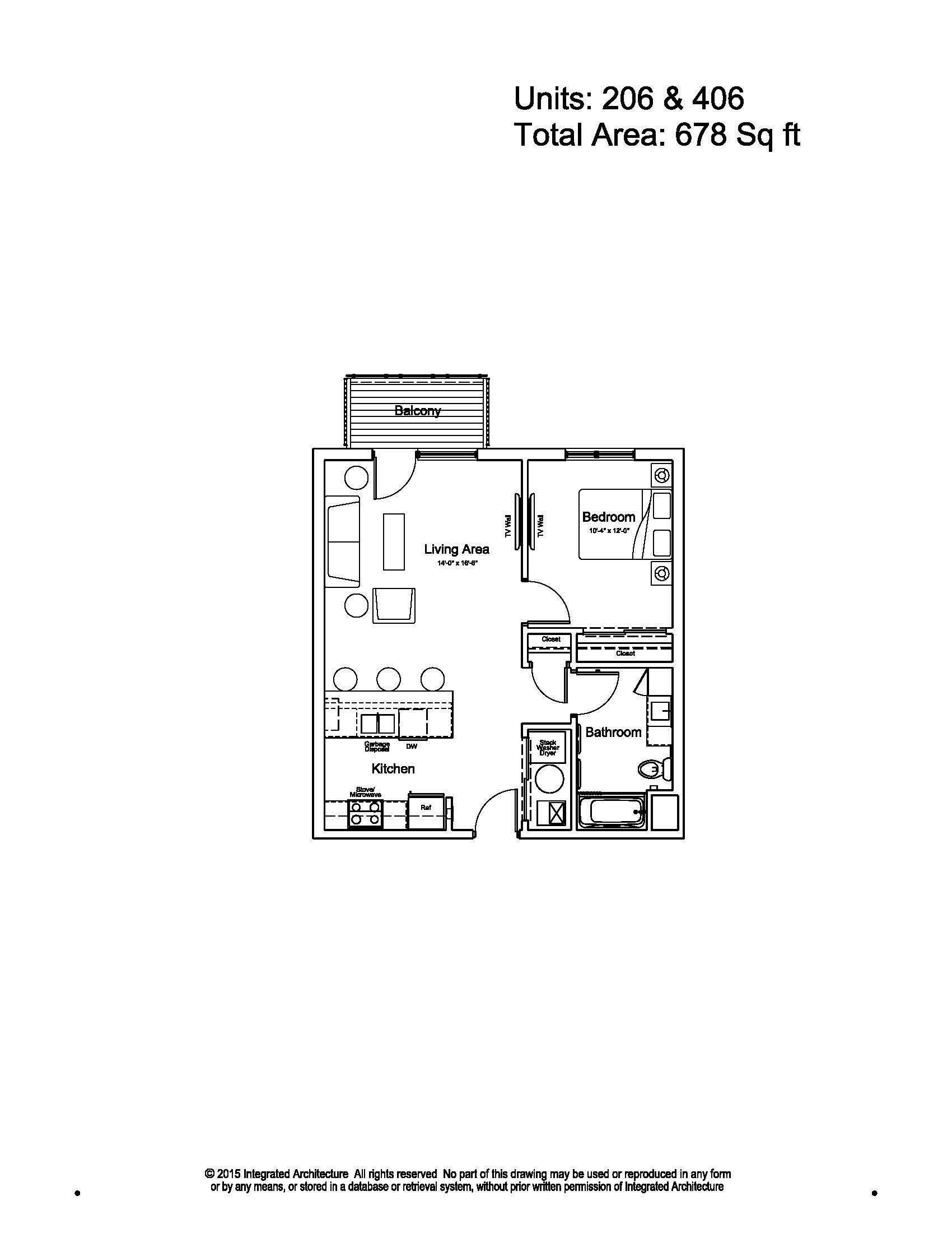Black-and-white floor plan of a small apartment layout with room labels and measurements.