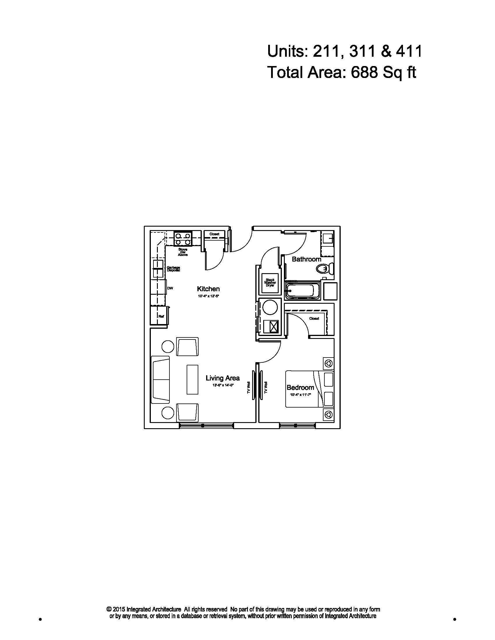 Floor plan of a small apartment with labeled rooms and dimensions on a white page.