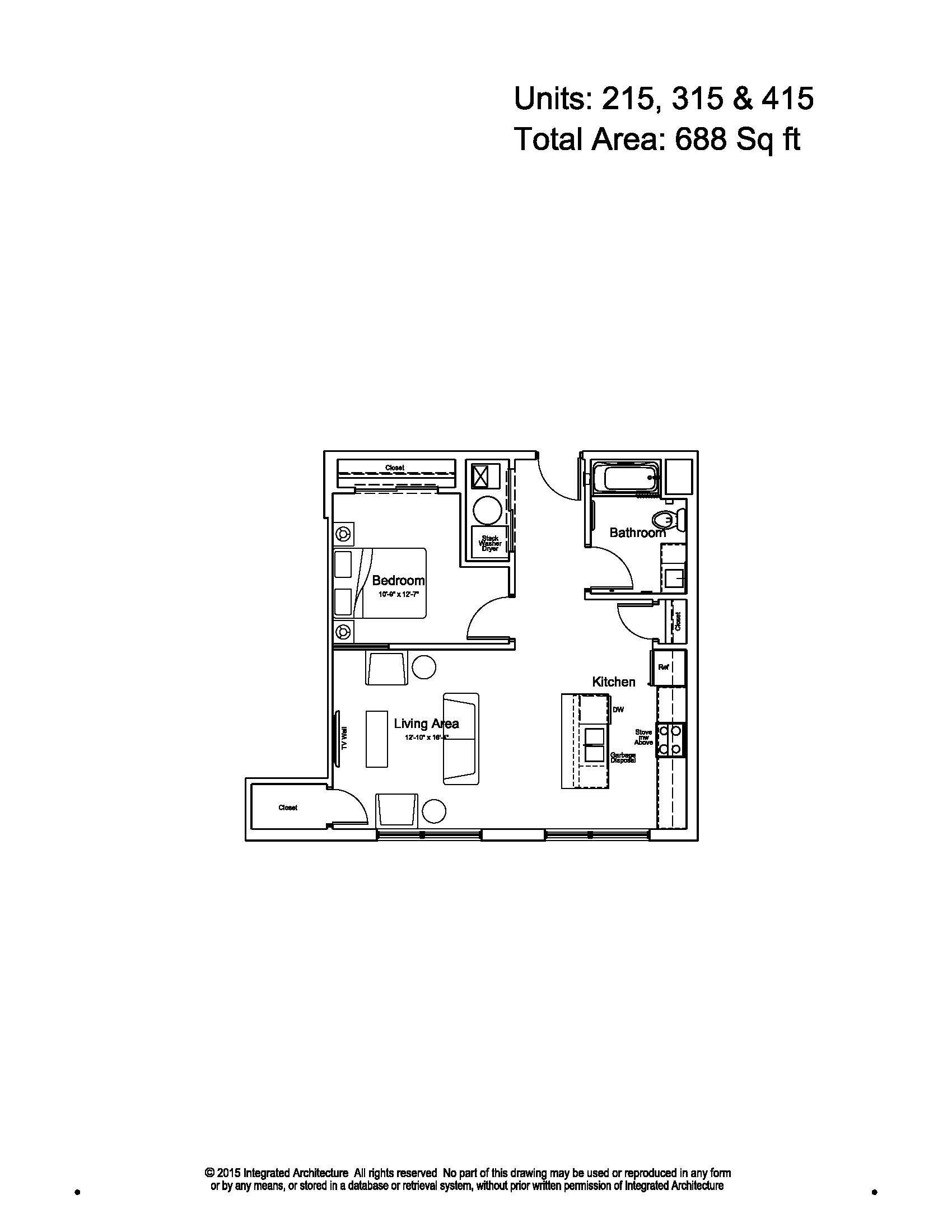 Small black-and-white apartment floor plan with labels and room layout.