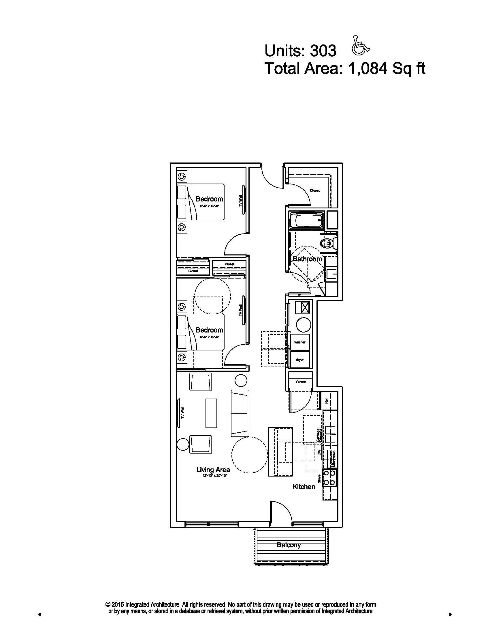 Black-and-white floor plan of an apartment layout with room labels and dimensions.