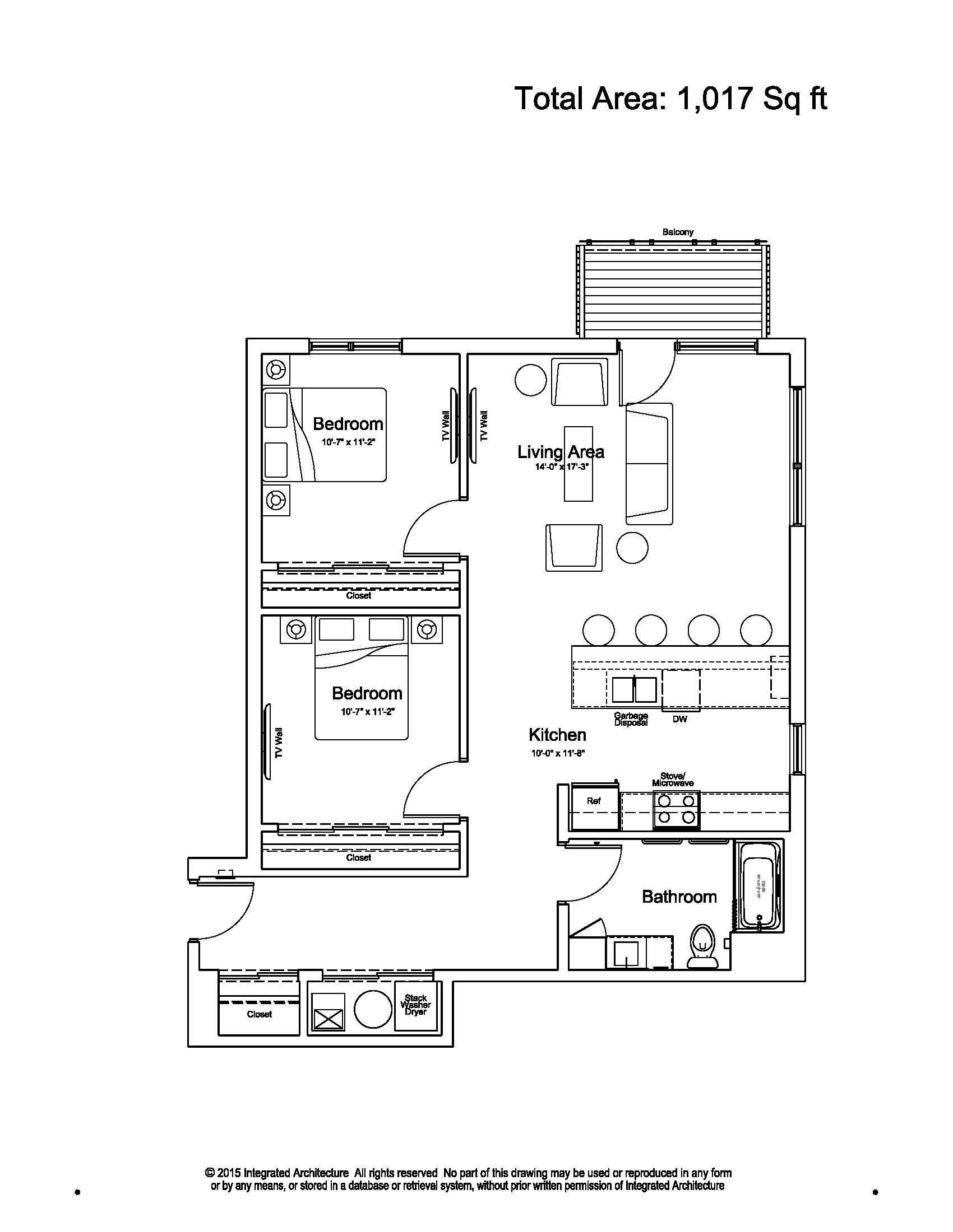 Black-and-white apartment floor plan with labeled rooms and total area noted at top.