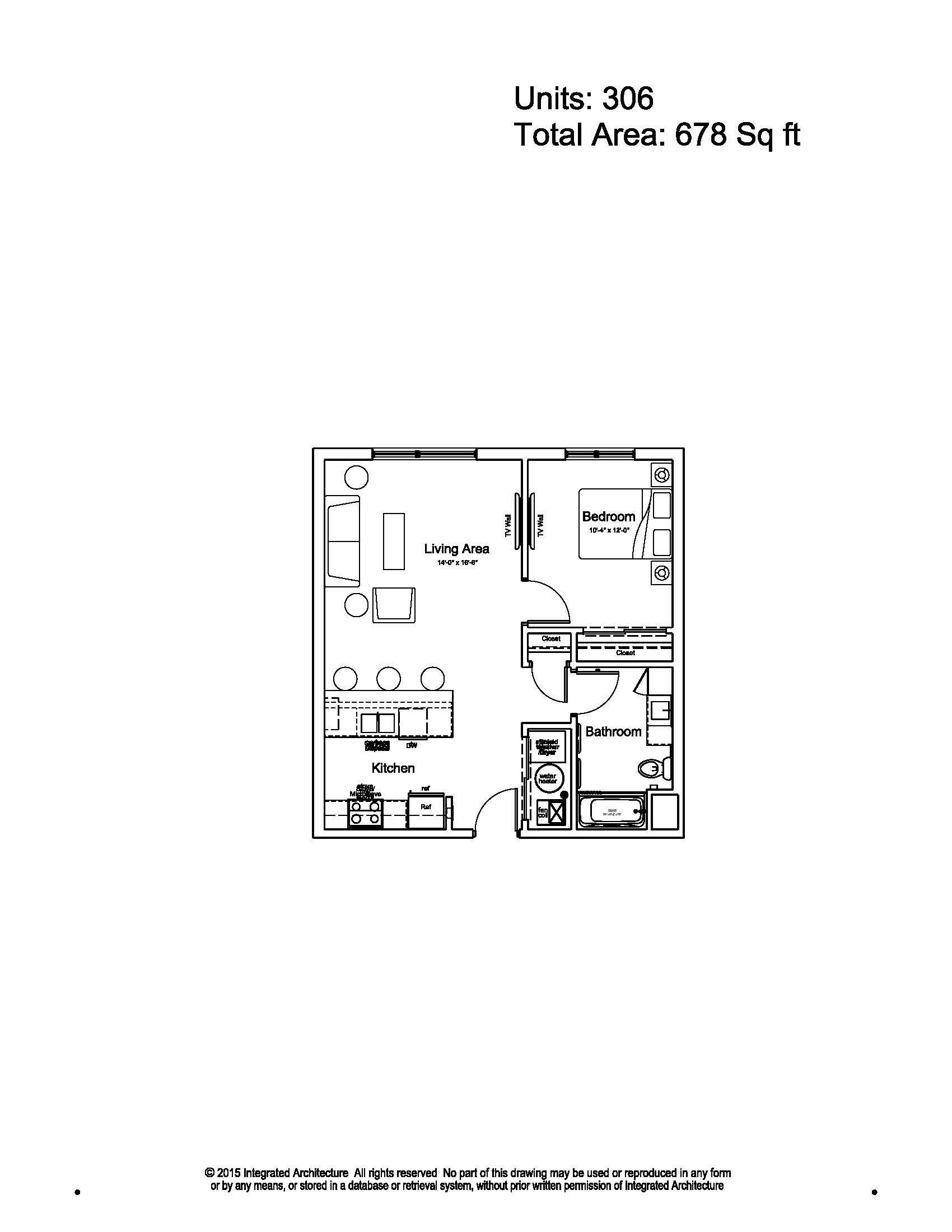 Small black-and-white apartment floor plan labeled “Unit 308” with total area noted above.