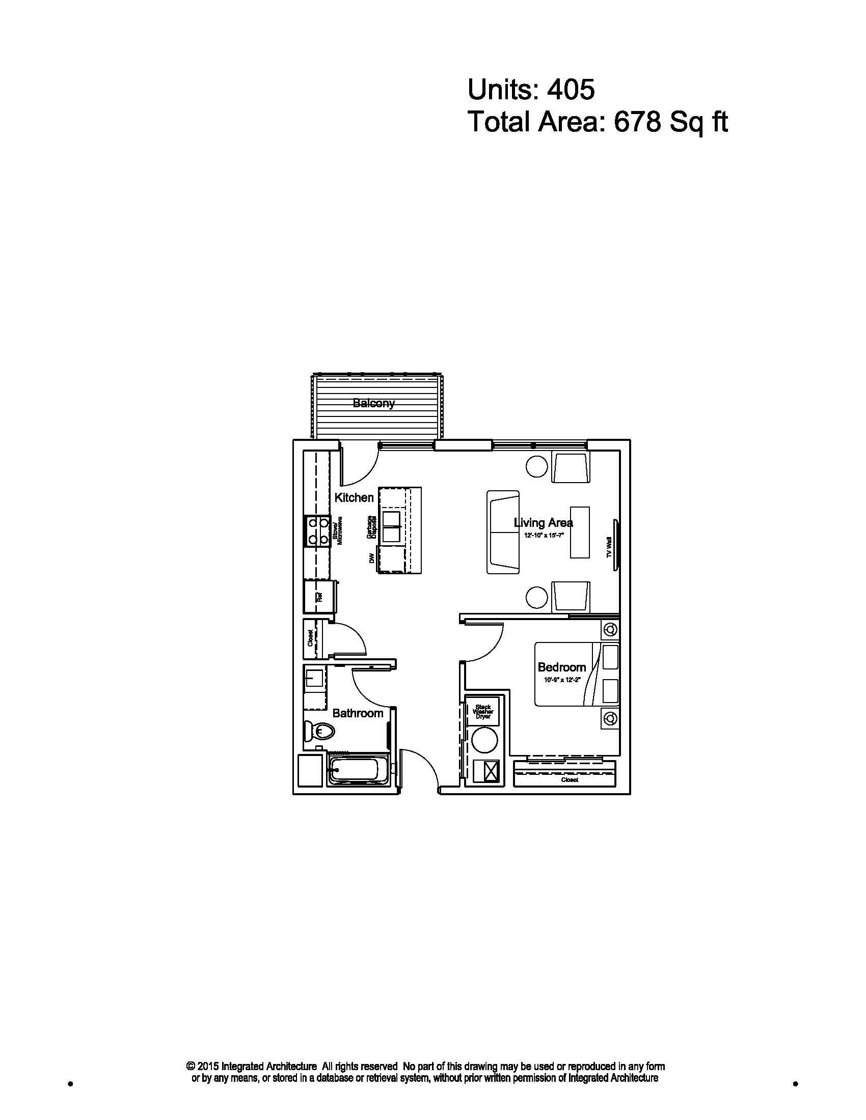 Apartment floor plan labeled Unit 405, condo area 678 sq. ft.