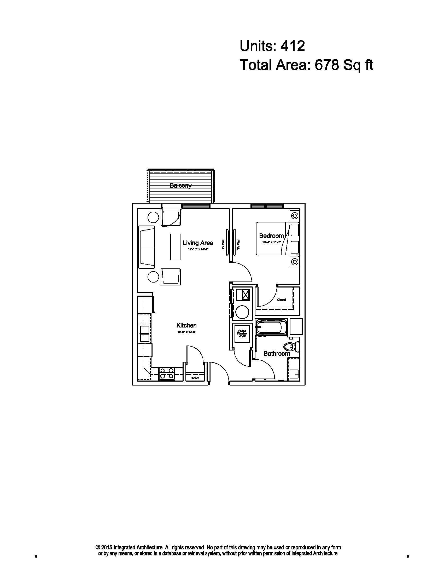 Black-and-white apartment floor plan labeled Unit 4-7 with total area 678 sq. ft.