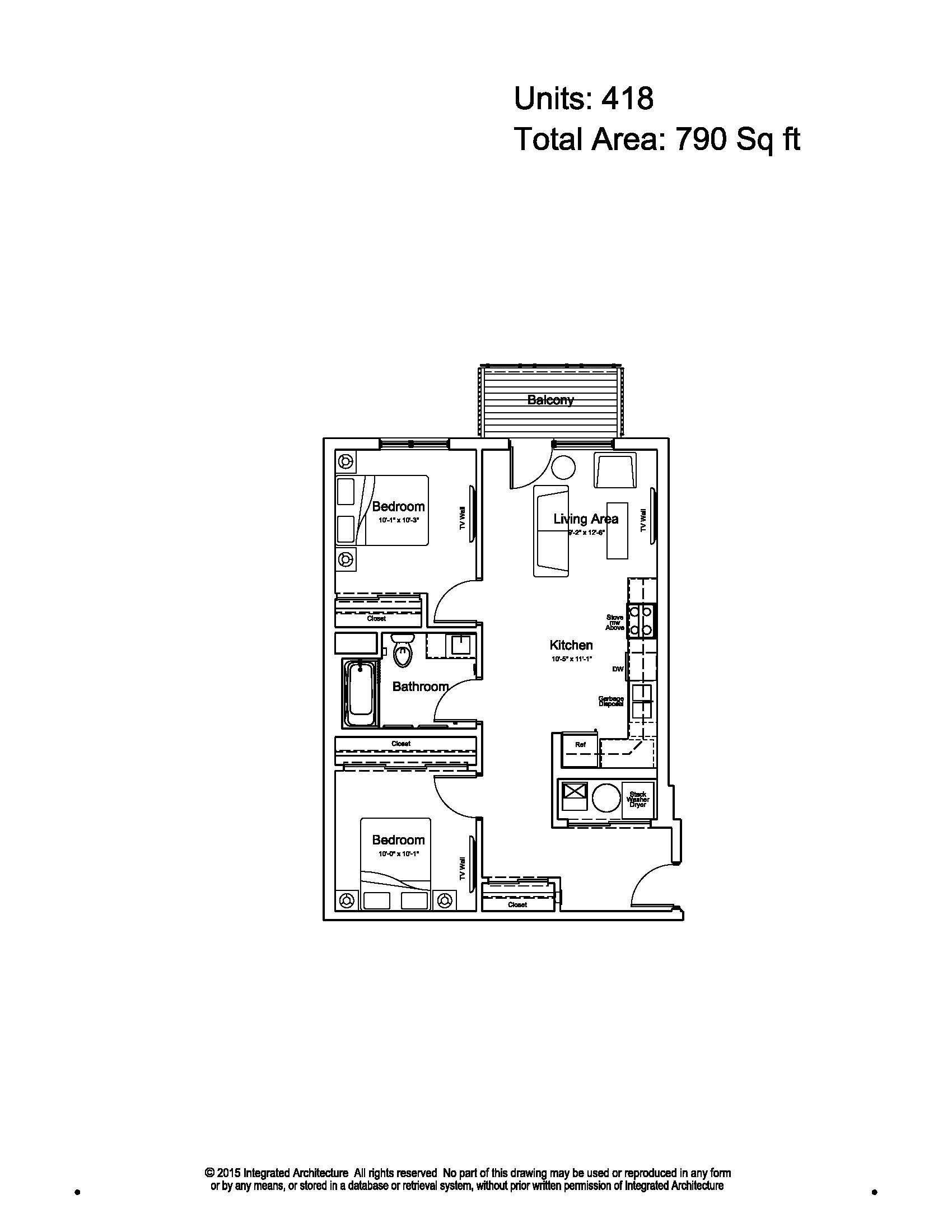 Apartment floor plan labeled Unit 4B, showing 790 sq. ft. layout with rooms and balcony.