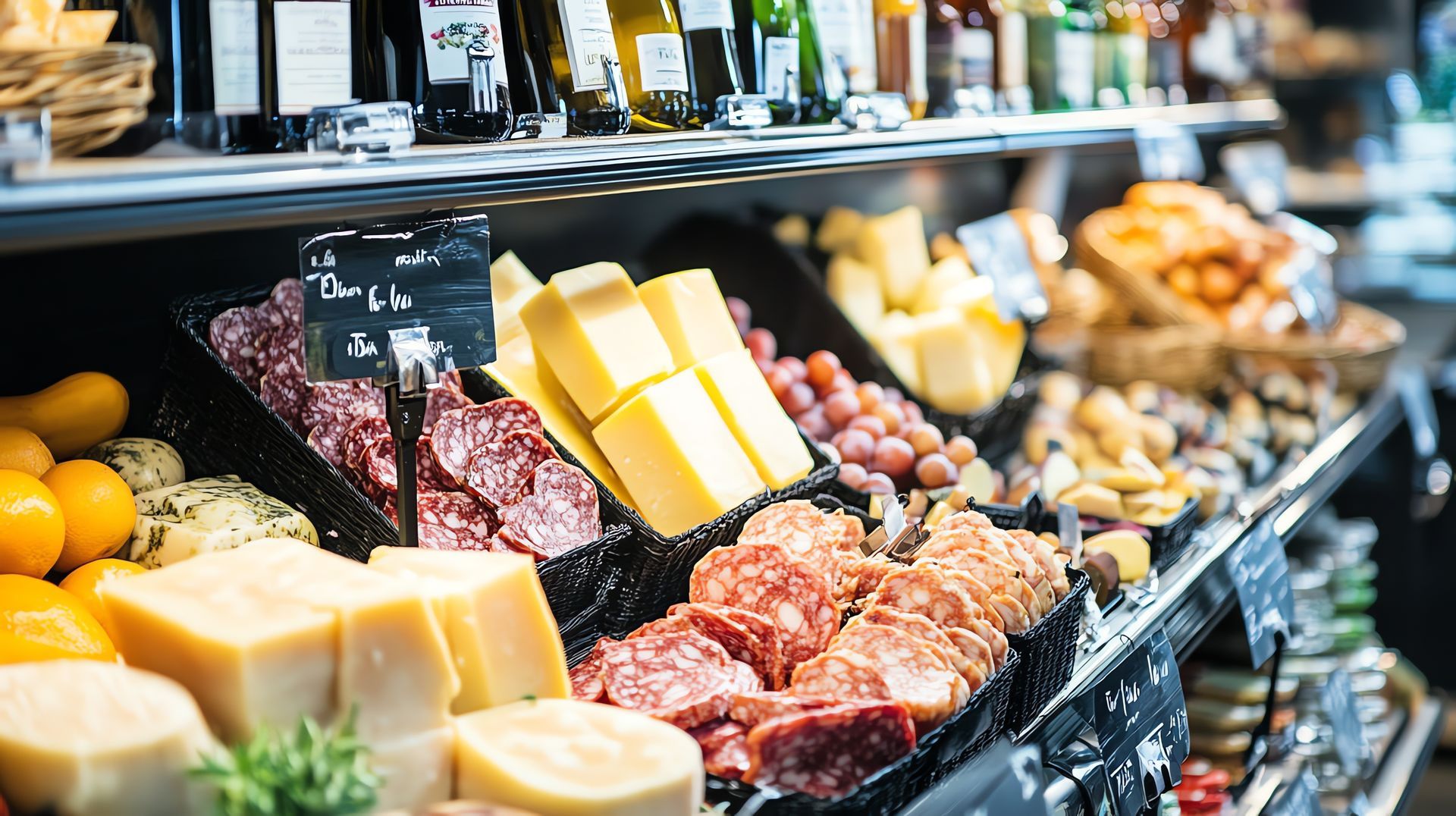 Assorted cheeses, cured meats, and grapes displayed on a deli counter