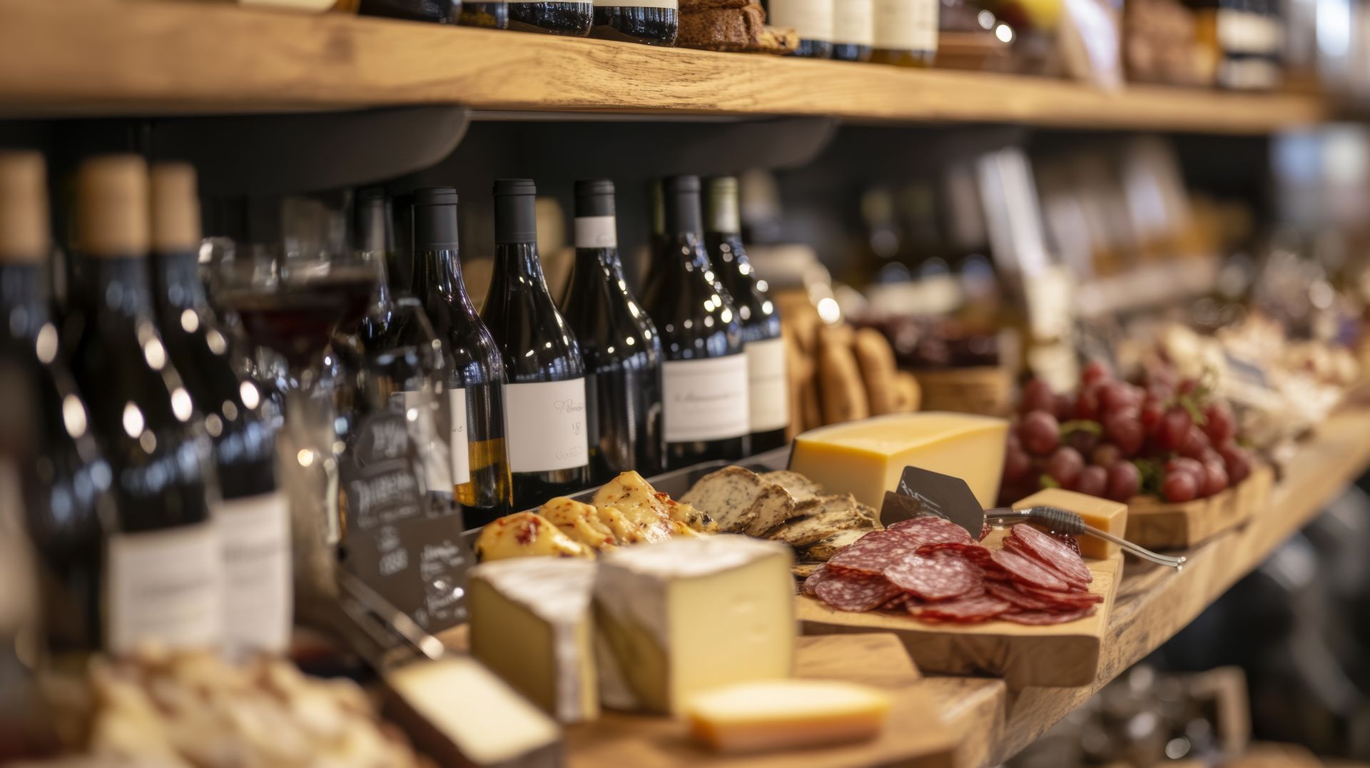 Wine bottles and cheeses displayed on wooden shelves with grapes and cured meats in a deli shop