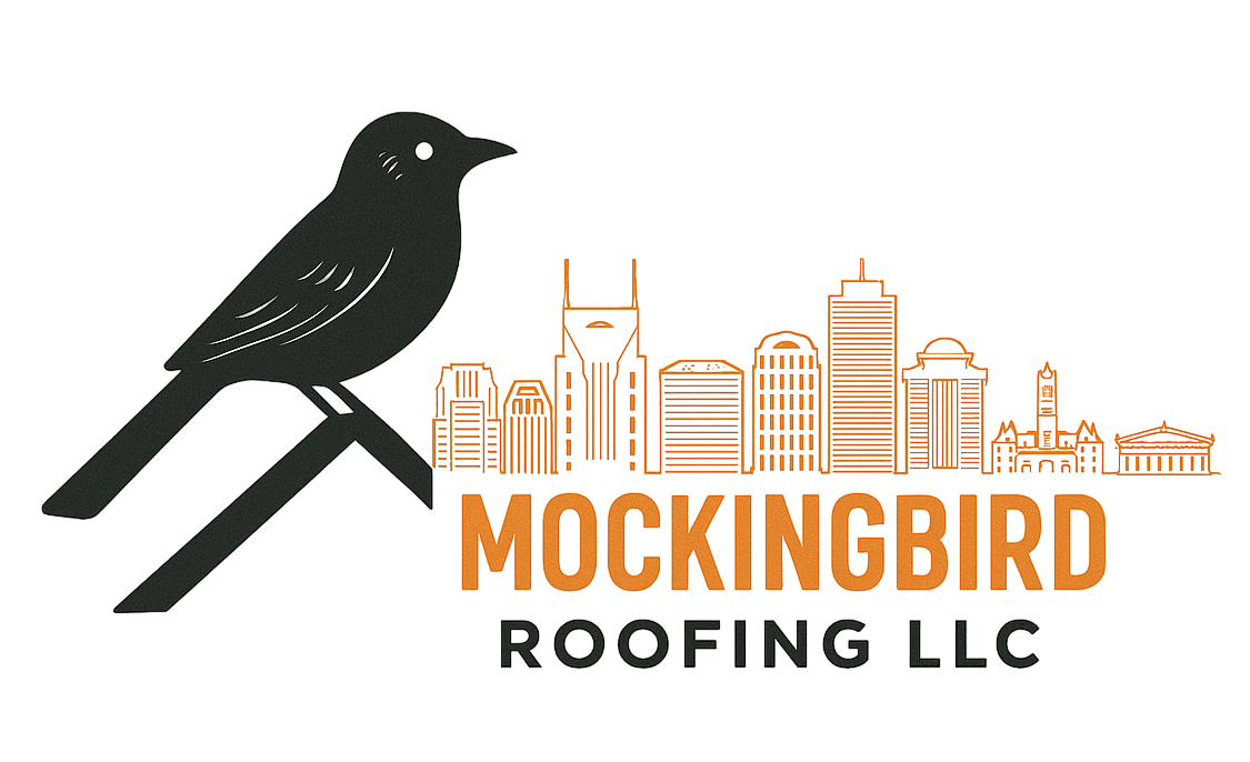 Mockingbird Roofing LLC logo with black bird and orange city skyline