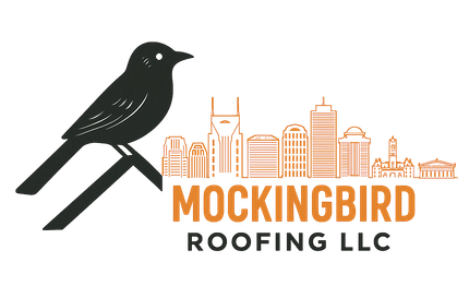 Mockingbird Roofing LLC logo with black bird and orange city skyline