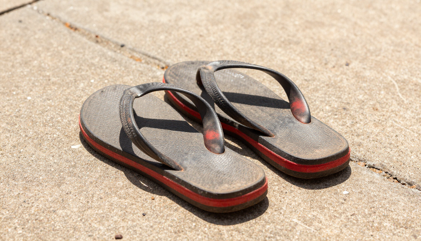 photorealistic a pair of cheap rubber flip flops abandoned on a hot concrete sidewalk with heat waves rising from the ground high quality detail