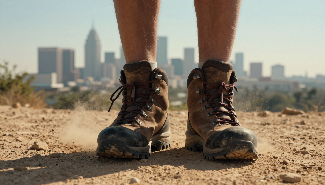 photorealistic a close up of hiking boots on a dusty trail with the San Antonio skyline faintly in the distance summer haze high quality