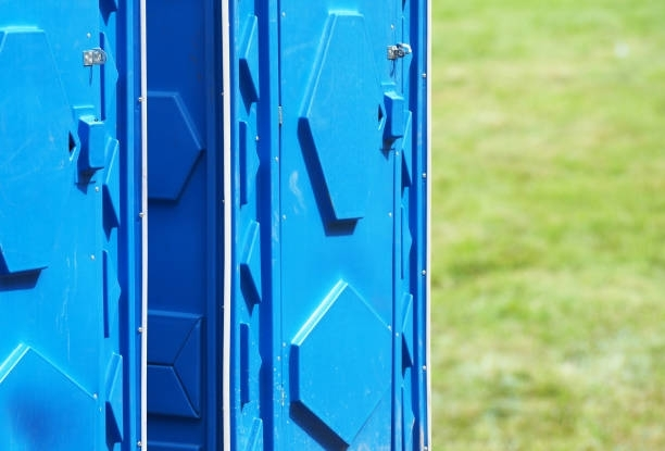 Three blue portable toilets are lined up in a grassy field.