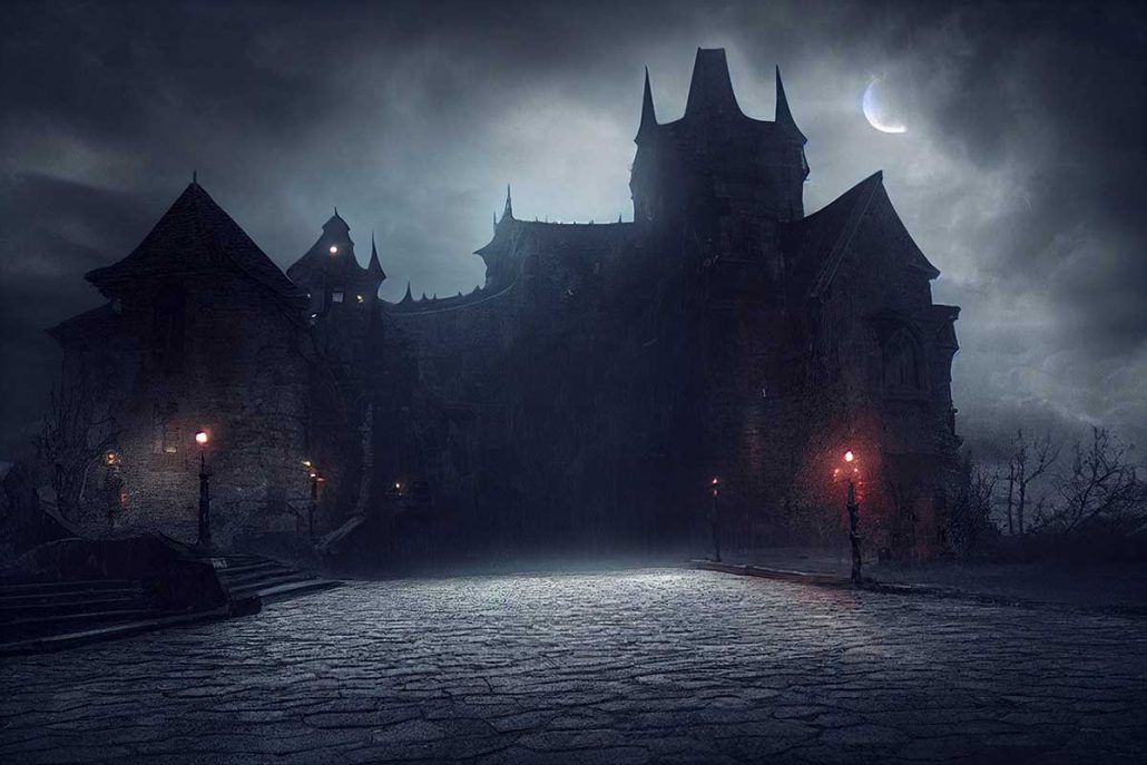 There is a castle in the background with a crescent moon in the sky.