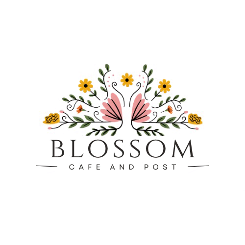 Logo for Blossom Cafe and Post: floral design with text
