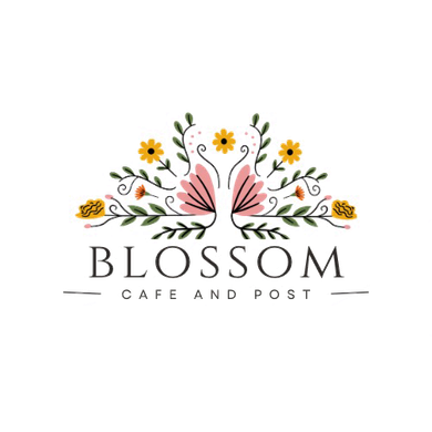 Logo for Blossom Cafe and Post: floral design with text 